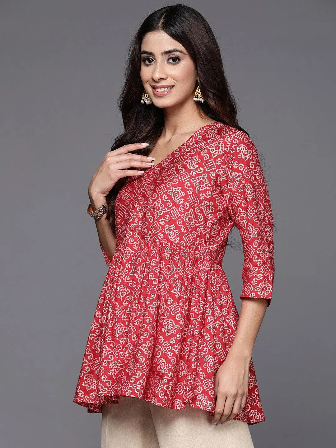 Red Printed Silk Blend A-Line Kurti - Libas 