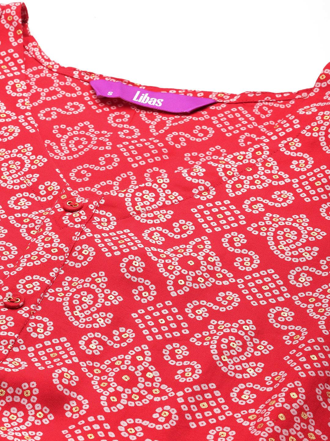 Red Printed Silk Blend A-Line Kurti