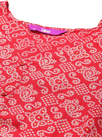 Red Printed Silk Blend A-Line Kurti - Libas
