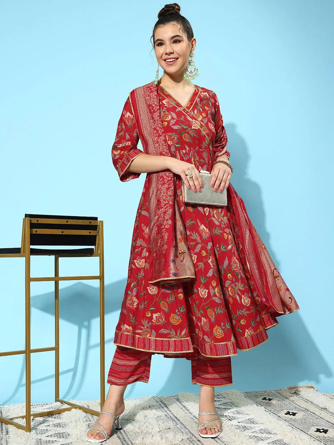 Red Printed Silk Blend Anarkali Kurta With Trousers & Dupatta - Libas