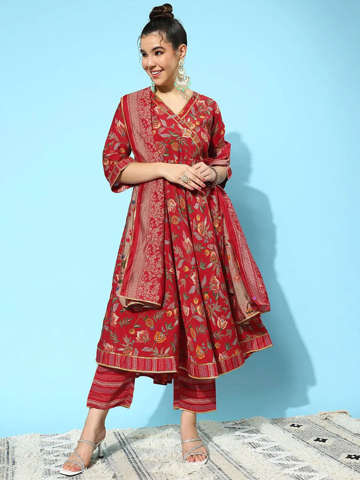 Red Printed Silk Blend Anarkali Kurta With Trousers & Dupatta - Libas