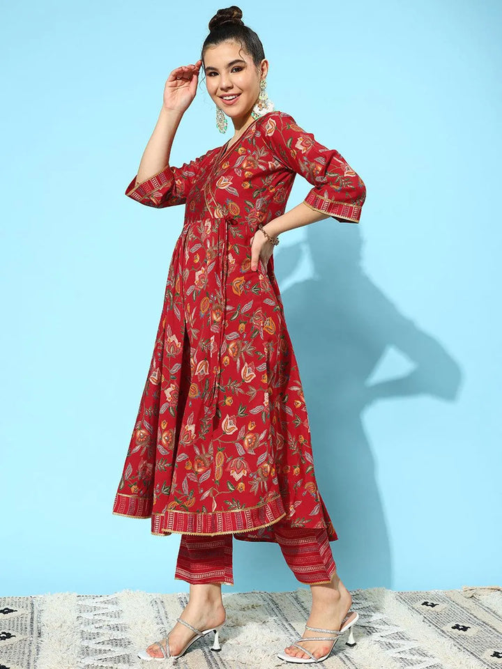 Red Printed Silk Blend Anarkali Kurta With Trousers & Dupatta - Libas