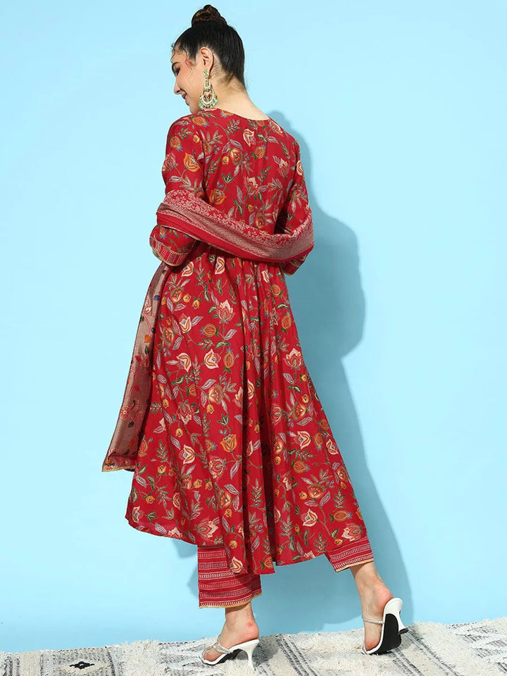 Red Printed Silk Blend Anarkali Kurta With Trousers & Dupatta - Libas