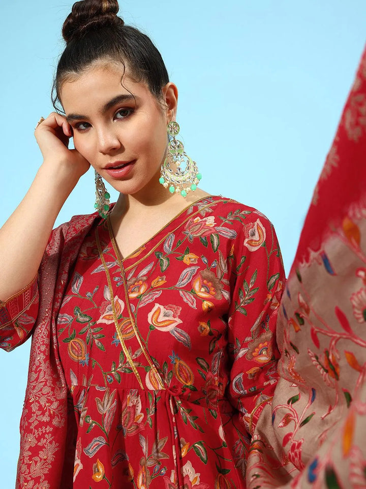 Red Printed Silk Blend Anarkali Kurta With Trousers & Dupatta - Libas