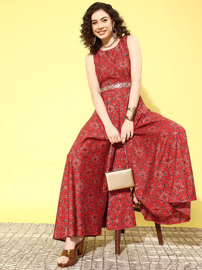 Red Printed Silk Blend Jumpsuit With Belt - Libas
