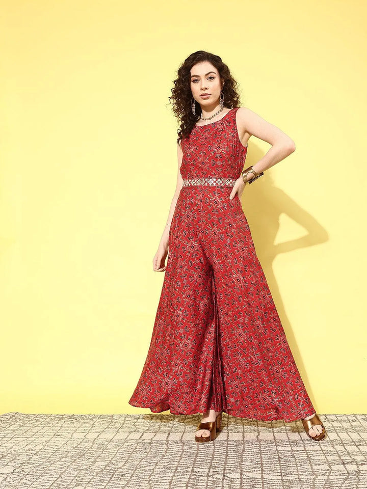 Red Printed Silk Blend Jumpsuit With Belt - Libas