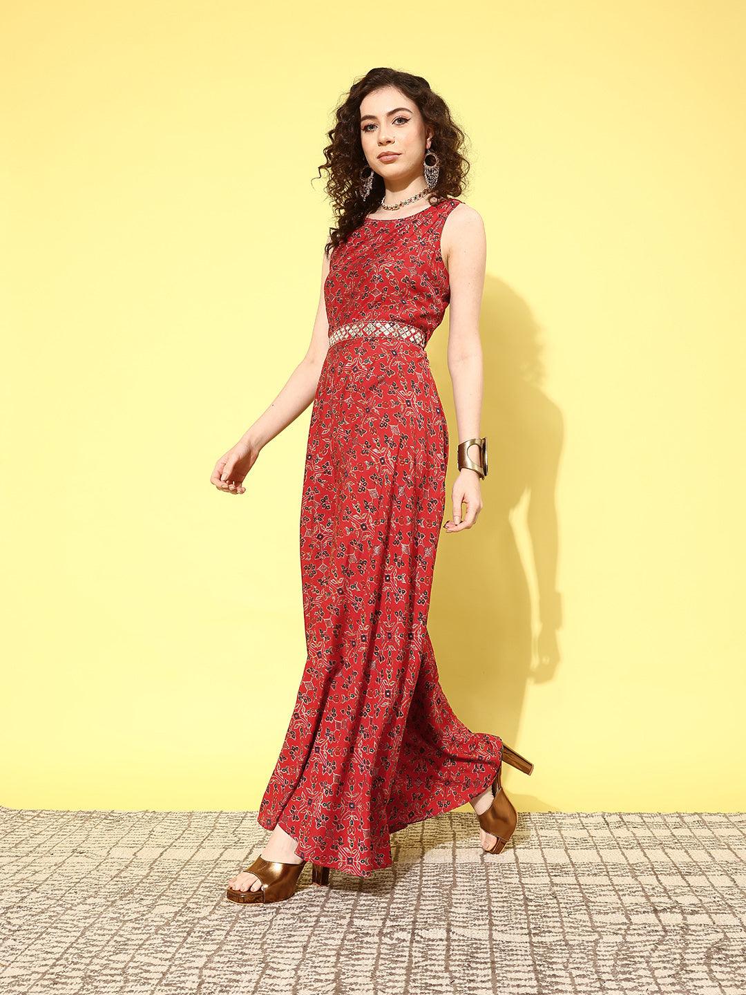 Red Printed Silk Blend Jumpsuit With Belt - Libas