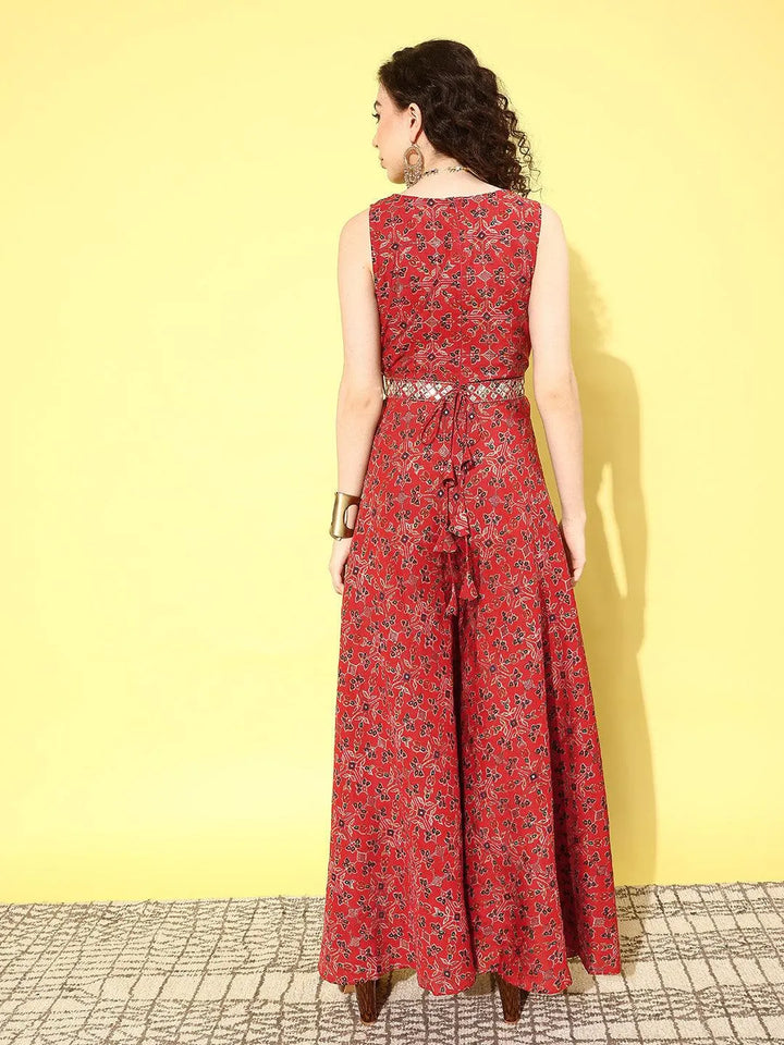 Red Printed Silk Blend Jumpsuit With Belt - Libas