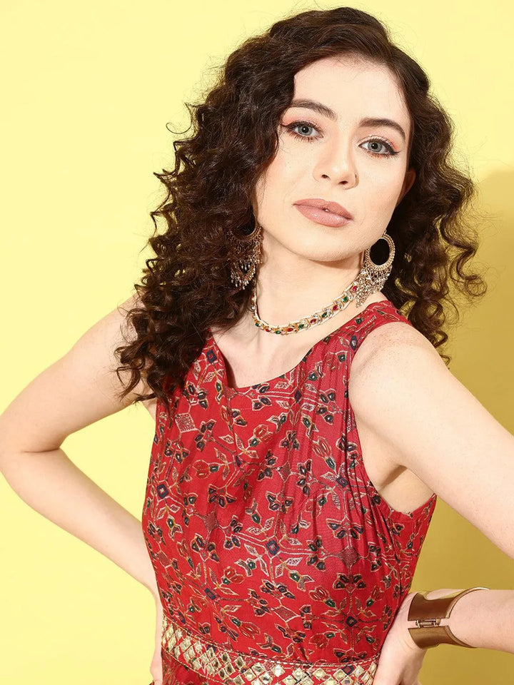 Red Printed Silk Blend Jumpsuit With Belt - Libas