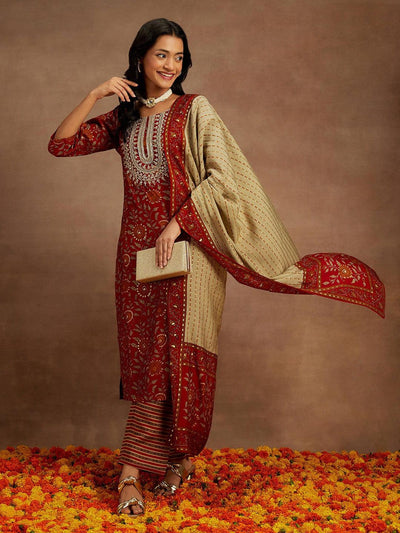 Red Printed Silk Blend Kurta With Trousers & Dupatta - Libas
