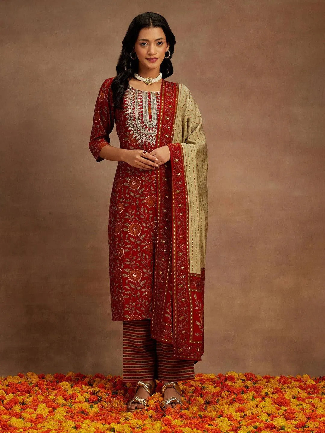 Red Printed Silk Blend Kurta With Trousers & Dupatta - Libas