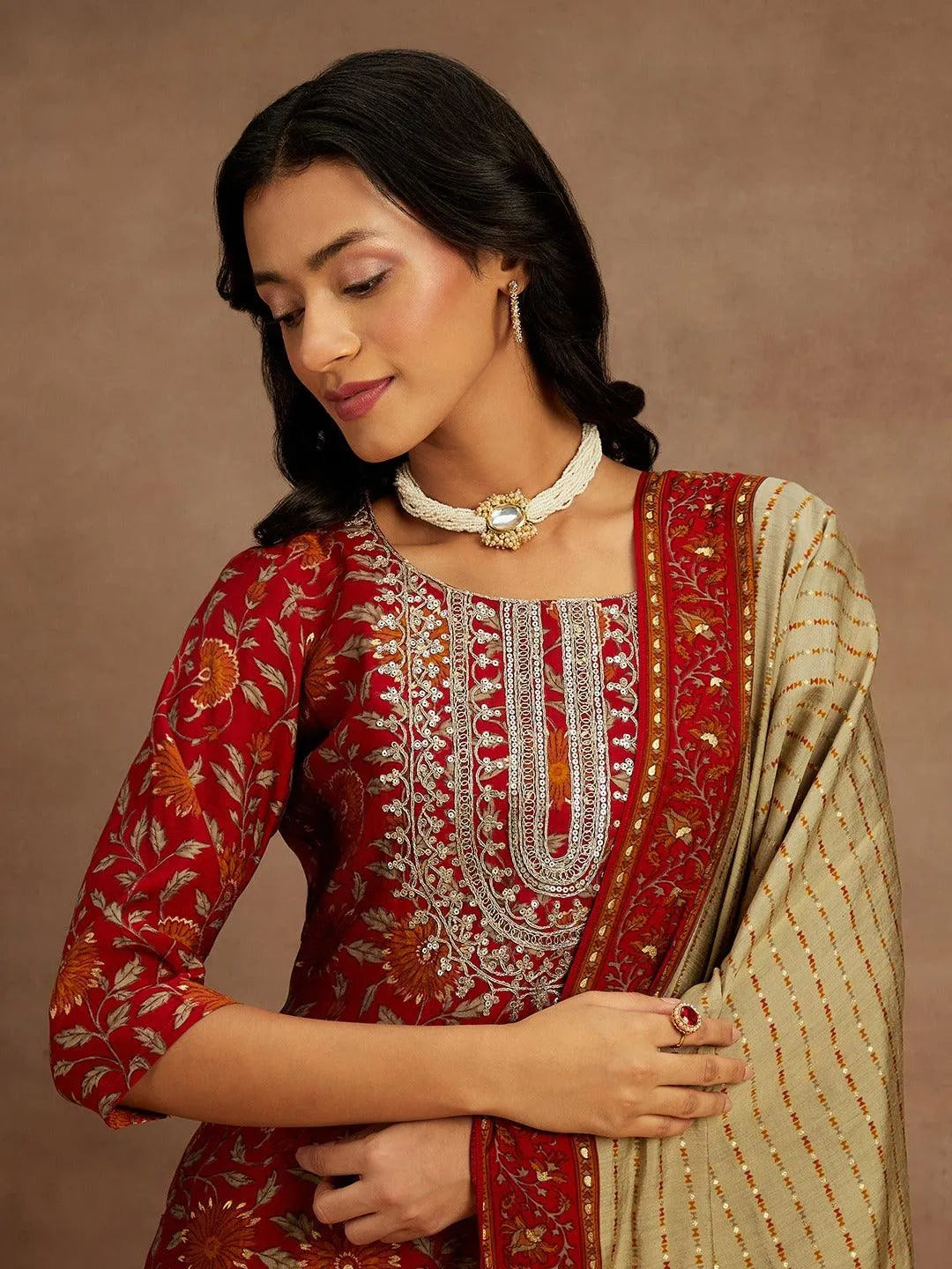 Red Printed Silk Blend Kurta With Trousers & Dupatta - Libas 