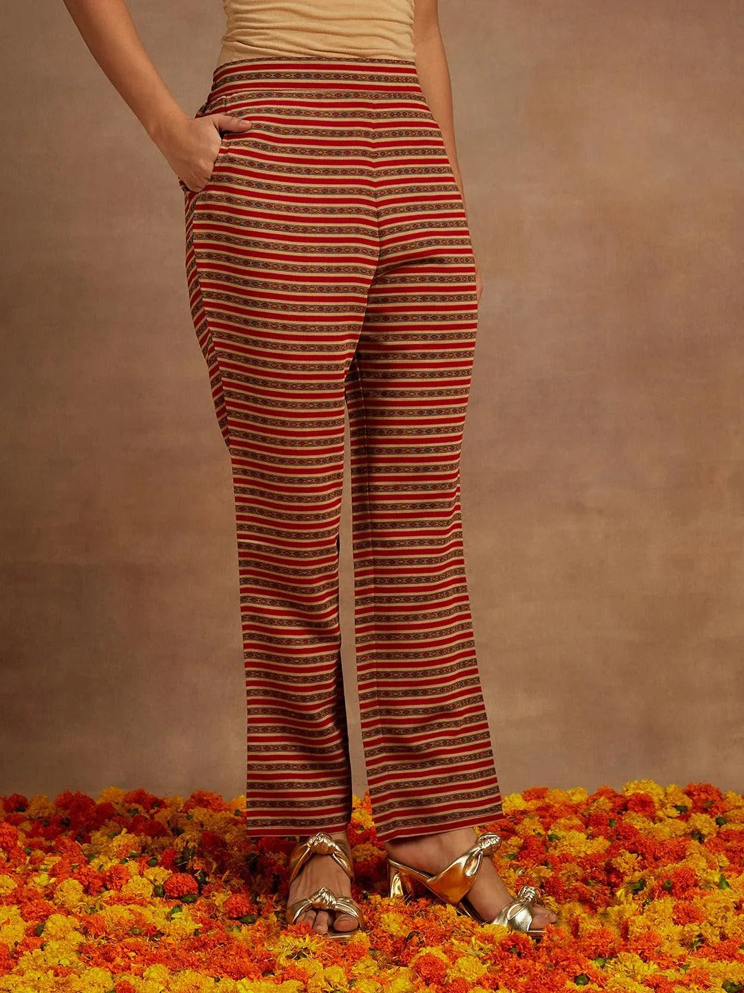 Red Printed Silk Blend Kurta With Trousers & Dupatta - Libas 