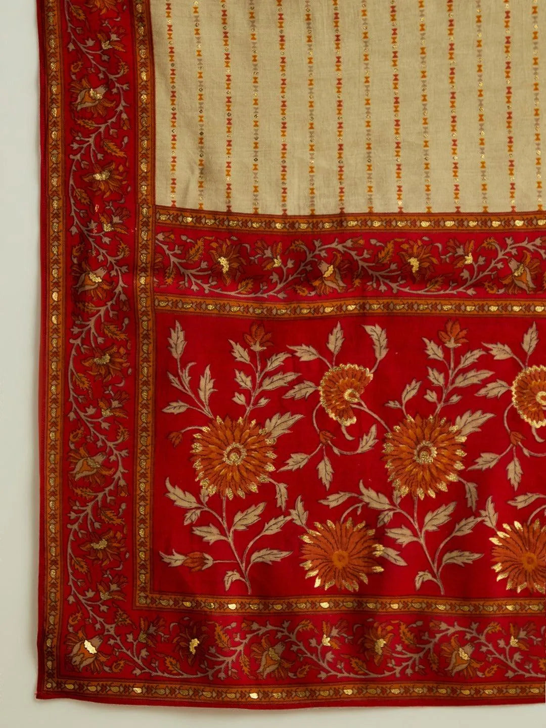 Red Printed Silk Blend Kurta With Trousers & Dupatta - Libas 