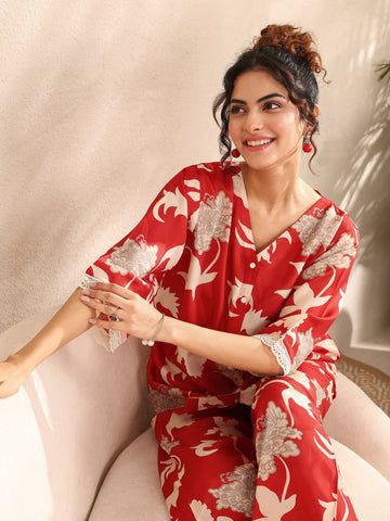 Libas Red Printed Silk Blend Night Suit