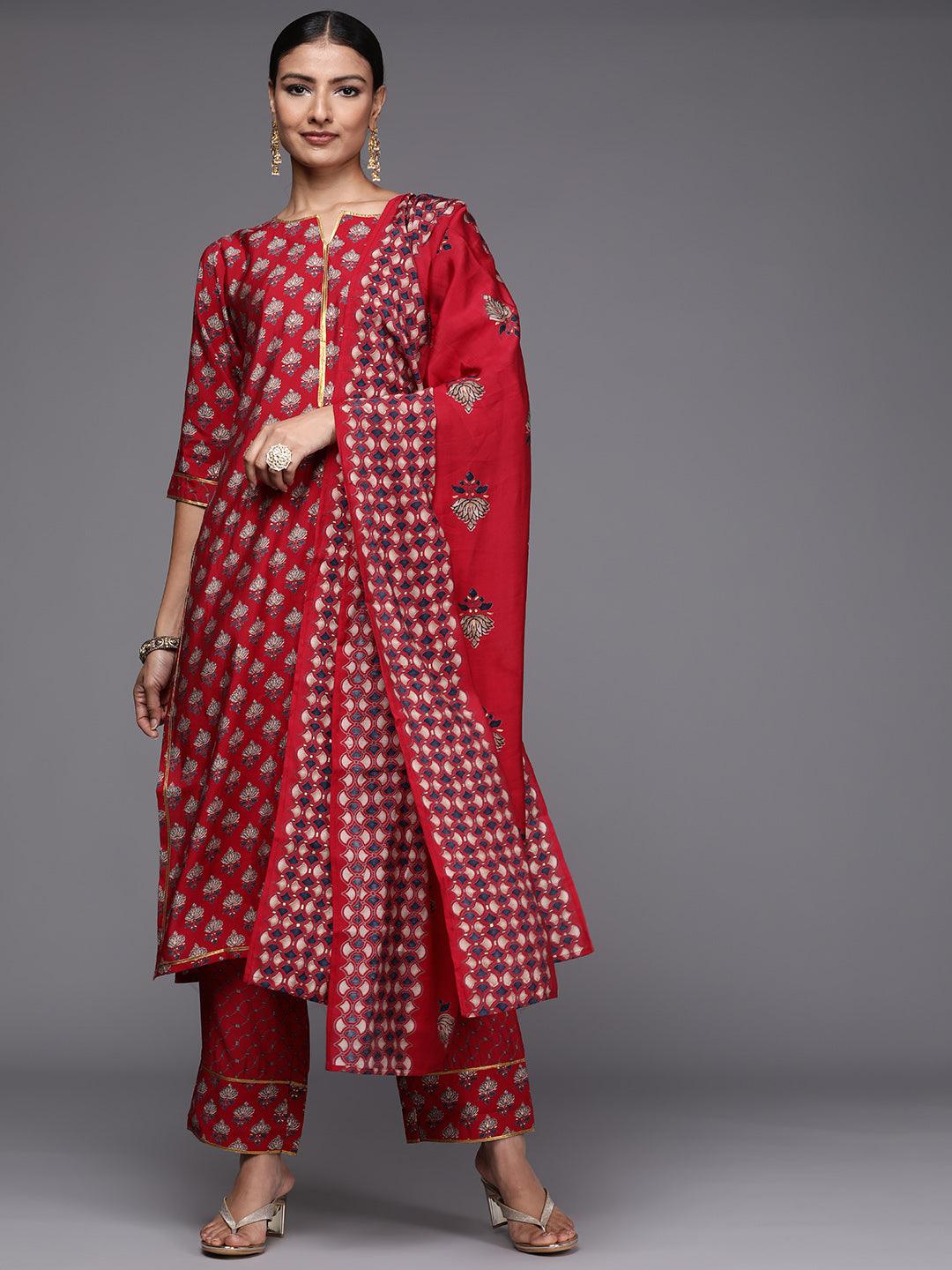 Red Printed Silk Blend Straight Kurta With Trousers & Dupatta