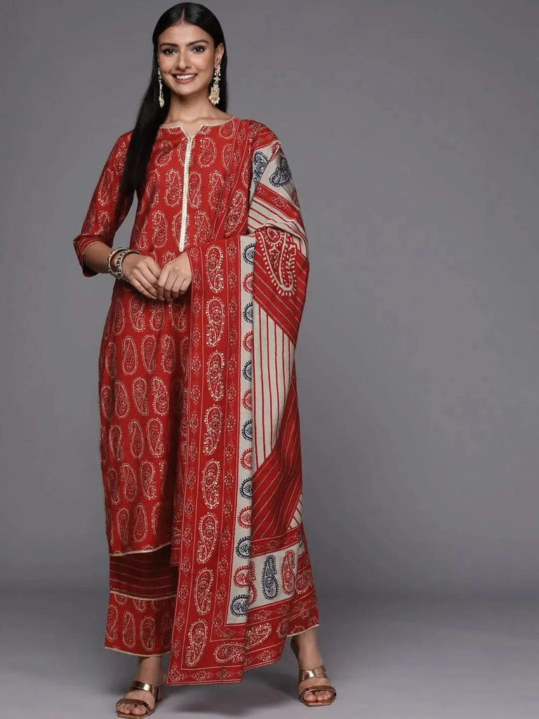 Libas Red Printed Silk Blend Straight Kurta With Dupatta