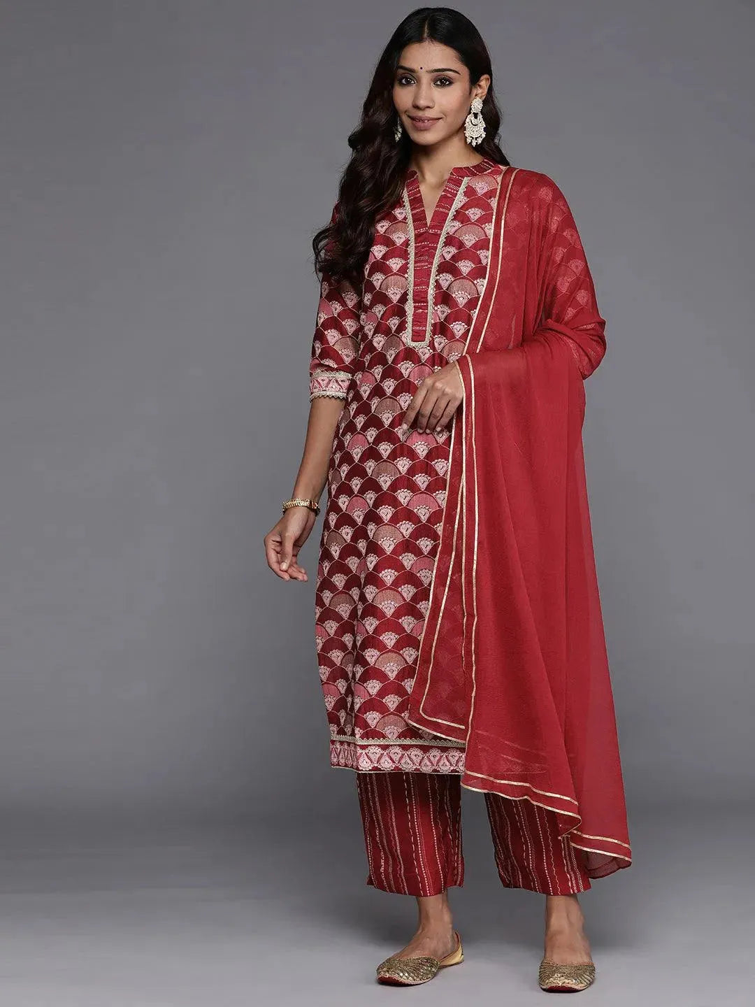 Red Printed Silk Blend Straight Suit Set With Trousers - Libas 