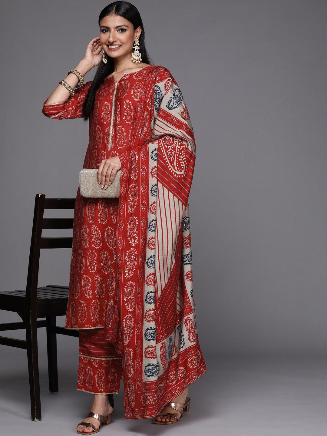 Red Printed Silk Blend Straight Kurta With Dupatta