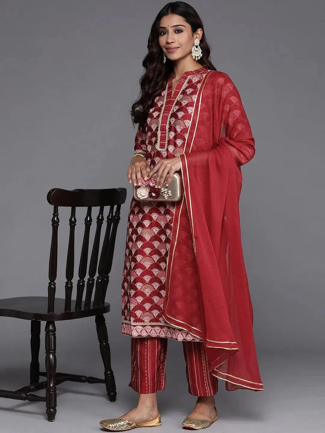 Red Printed Silk Blend Straight Suit Set With Trousers - Libas 