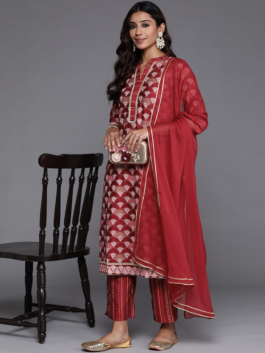 Red Printed Silk Blend Straight Suit Set With Trousers - Libas