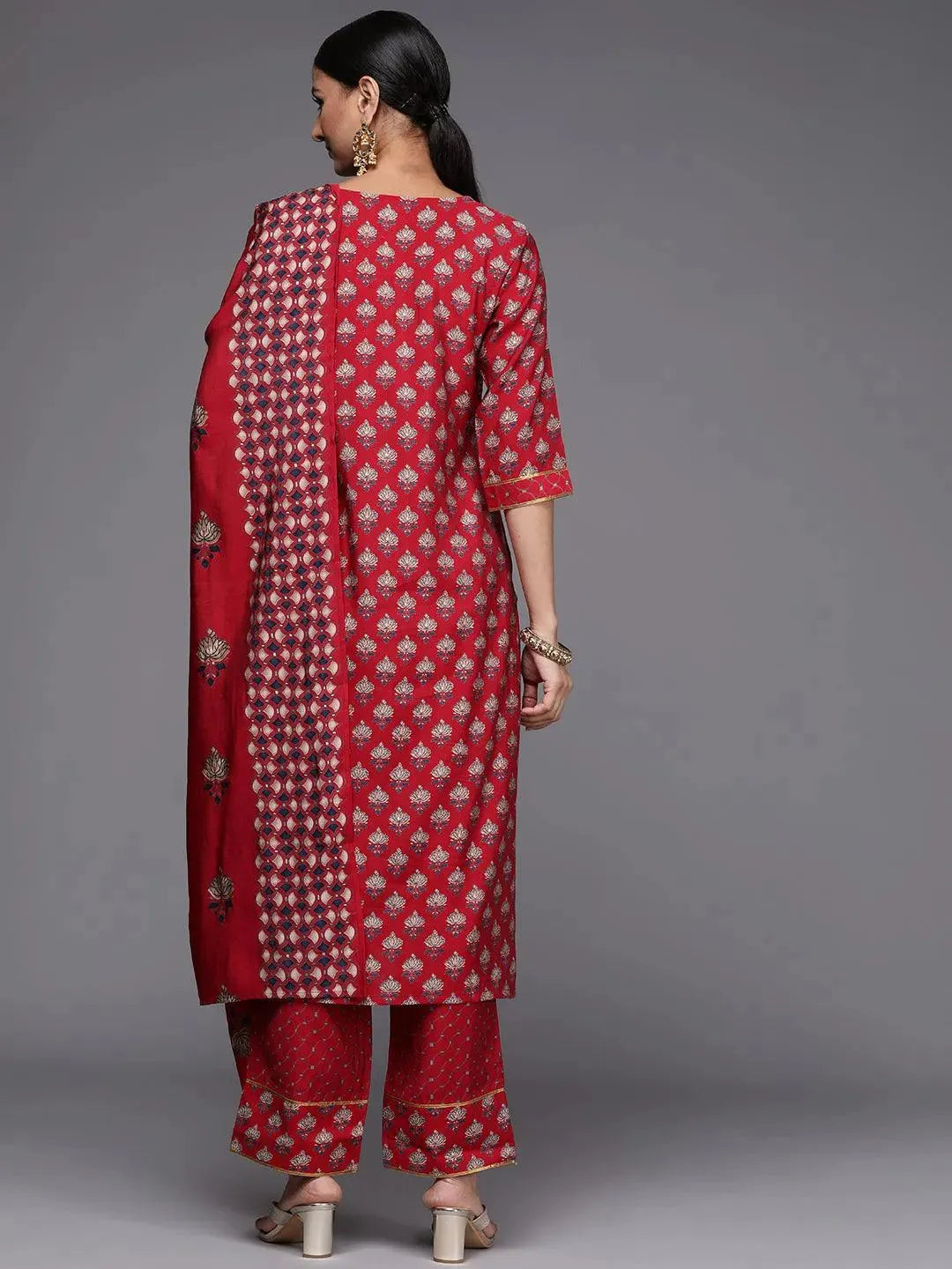 Red Printed Silk Blend Straight Suit Set - Libas