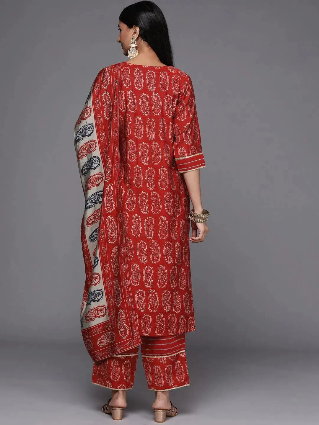 Red Printed Silk Blend Straight Suit Set - Libas