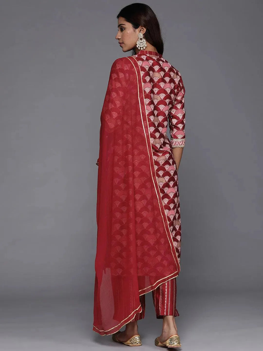 Red Printed Silk Blend Straight Suit Set With Trousers - Libas 