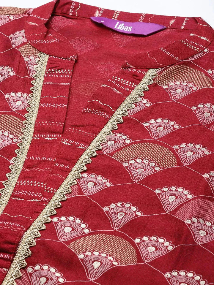 Red Printed Silk Blend Straight Suit Set With Trousers - Libas