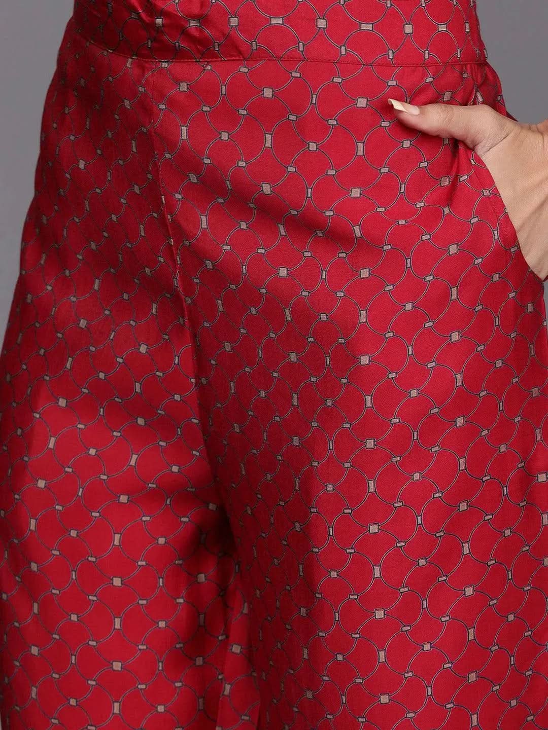 

Red Printed Silk Blend Straight Kurta With Trousers & Dupatta
