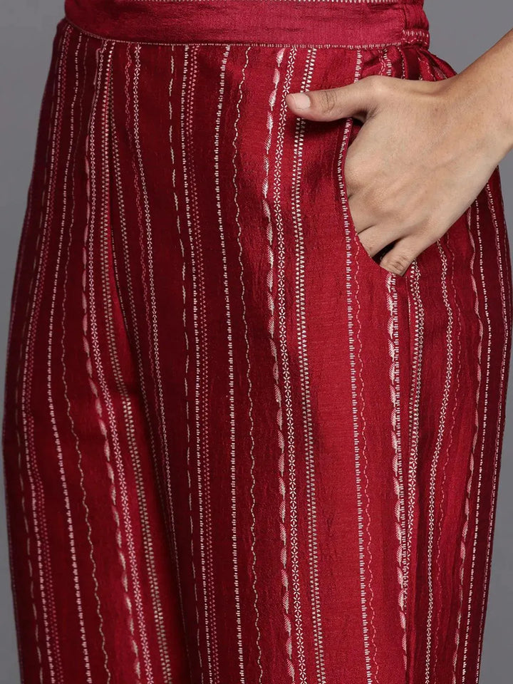 Red Printed Silk Blend Straight Suit Set With Trousers - Libas