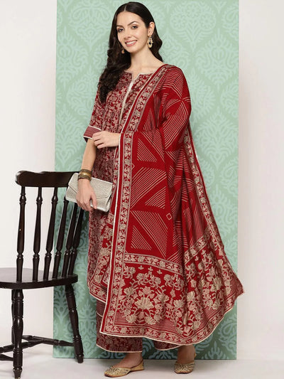 Red Printed Silk Blend Straight Kurta With Palazzos & Dupatta - Libas