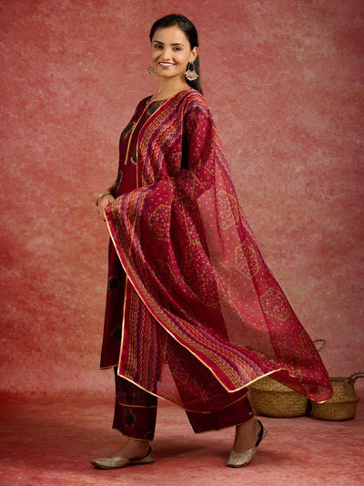 Red Printed Silk Blend Straight Kurta With Palazzos & Dupatta - Libas