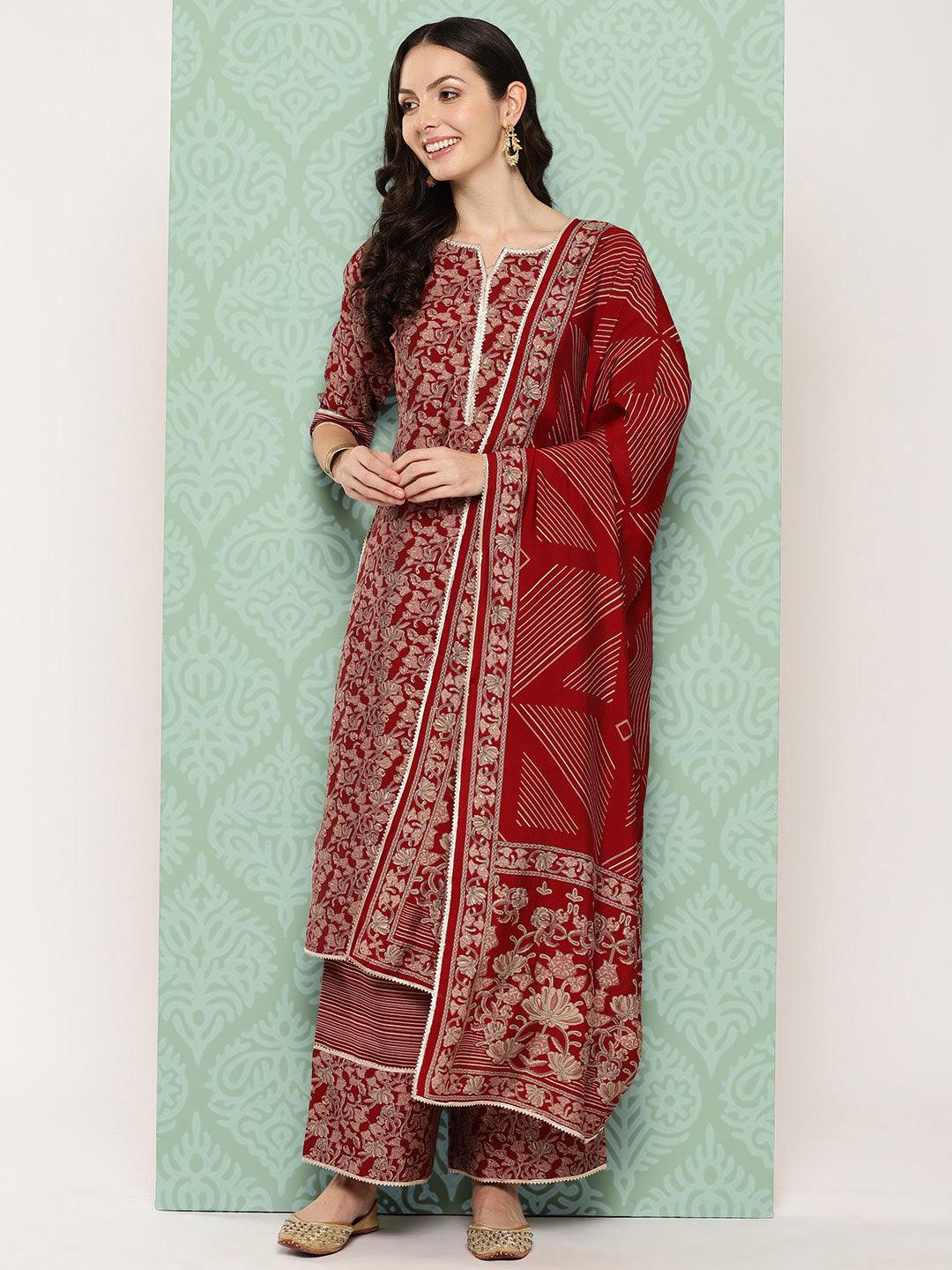Red Printed Silk Blend Straight Suit With Dupatta