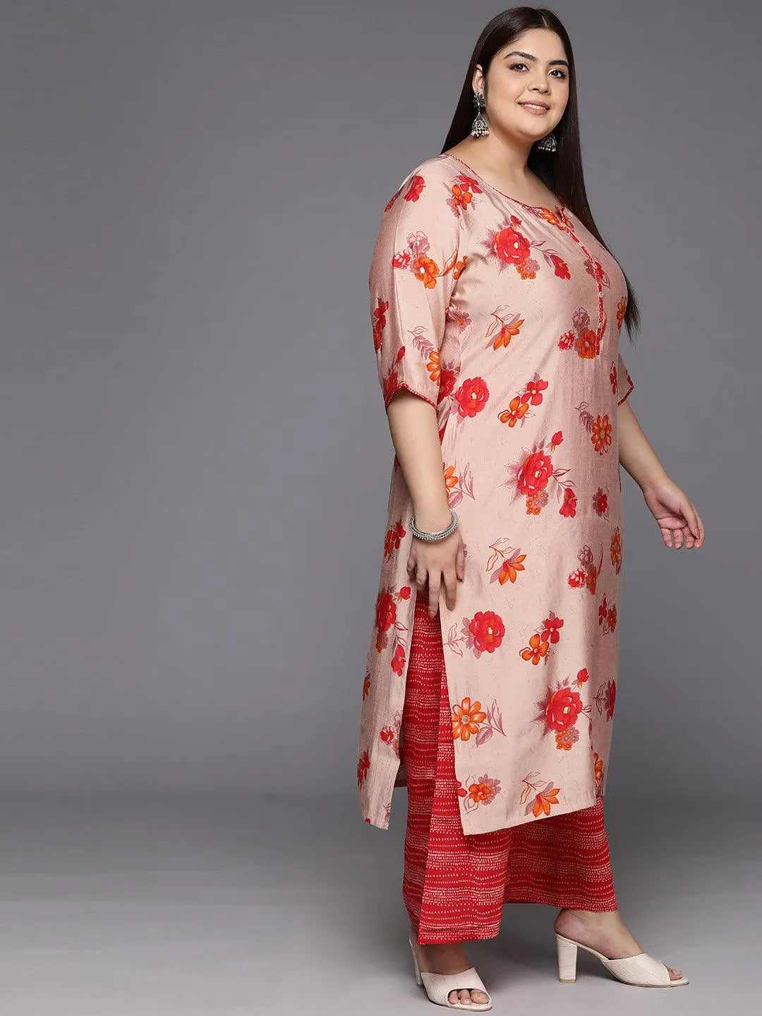 Red Printed Silk Blend Straight Kurta With Palazzos & Dupatta - Libas