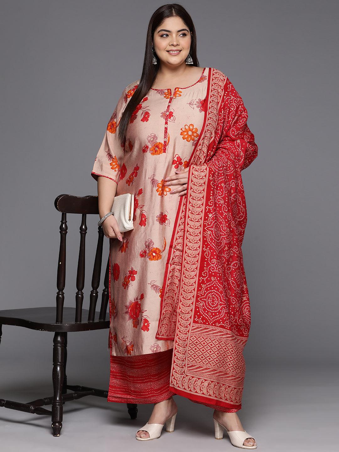 Plus Size Red Printed Silk Blend Straight Suit With Dupatta