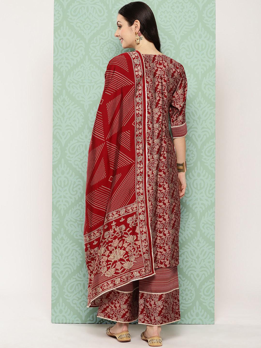 Red Printed Silk Blend Straight Suit With Dupatta