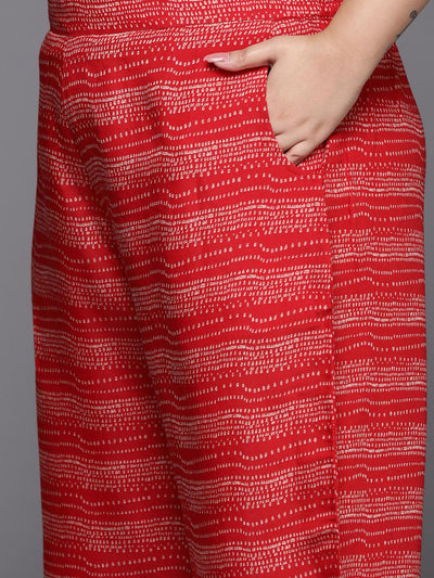 Red Printed Silk Blend Straight Kurta With Palazzos & Dupatta - Libas