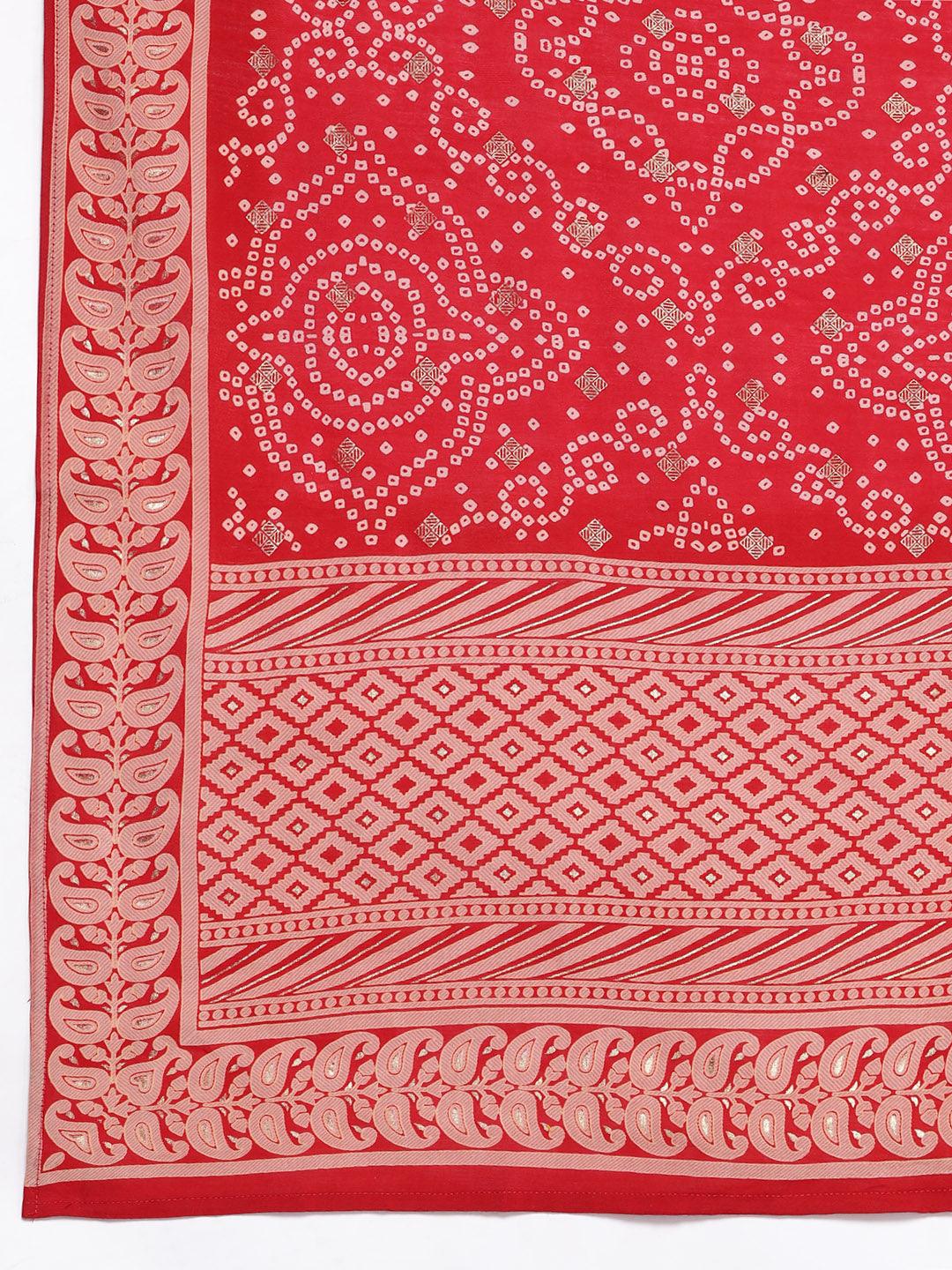 Red Printed Silk Blend Straight Kurta With Palazzos & Dupatta - Libas