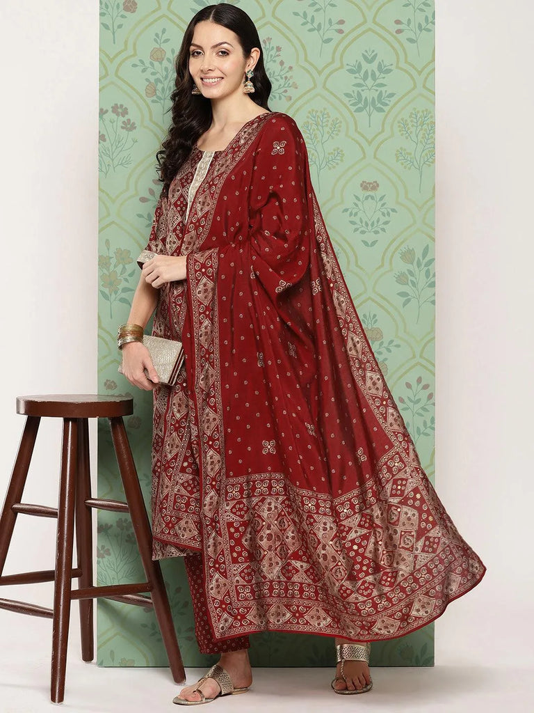 Libas Red Printed Silk Blend Straight Suit With Dupatta
