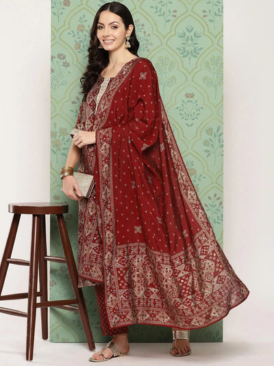 Red Printed Silk Blend Straight Kurta With Trousers & Dupatta - Libas