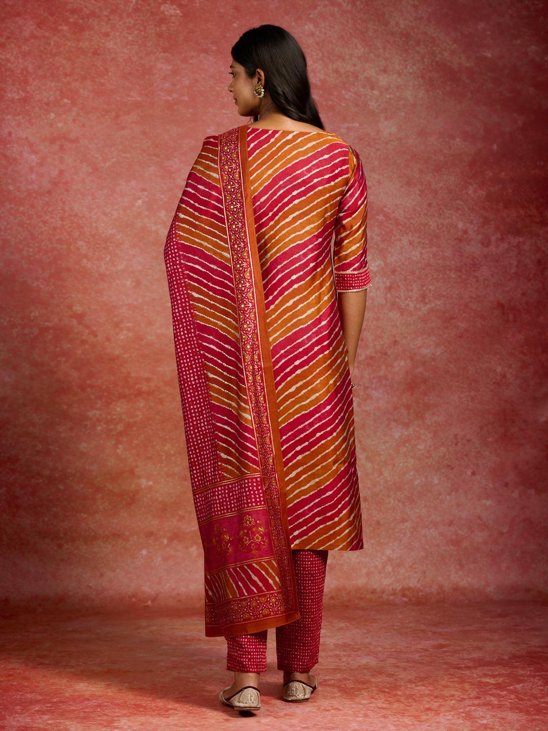 Red Printed Silk Blend Straight Kurta With Trousers & Dupatta - Libas
