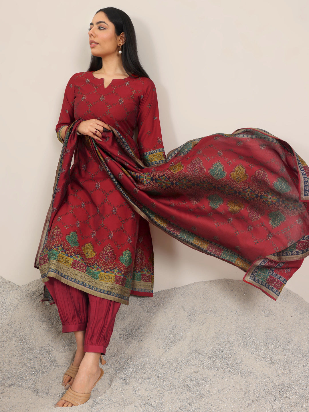  Red Printed Silk Blend Straight Suit Set WIth Dupatta 