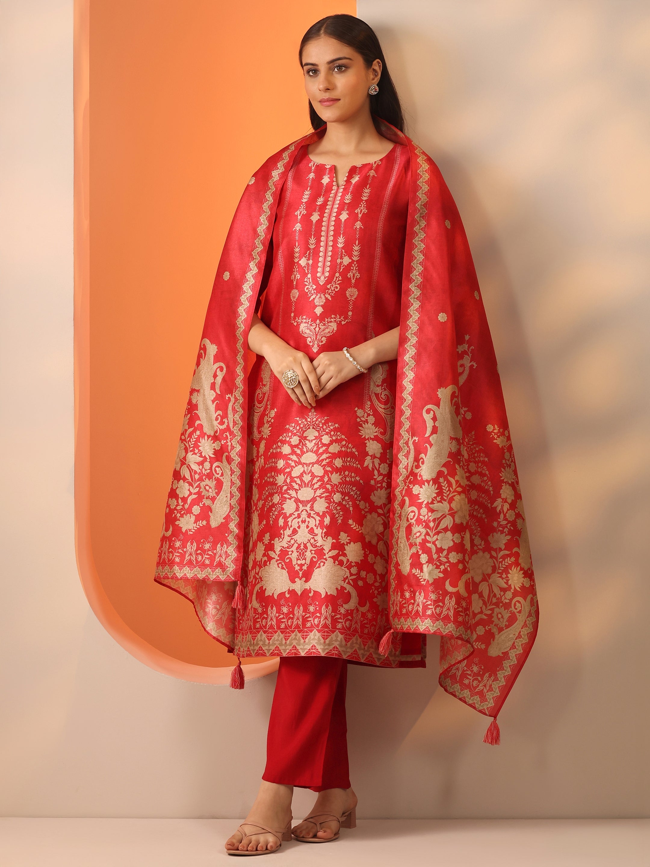 Red Printed Silk Blend Straight Suit Set With Dupatta-image-49