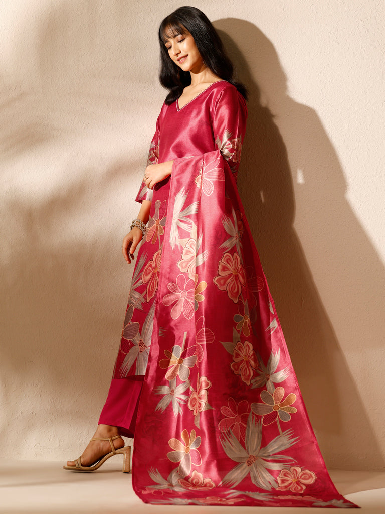 Libas Red Printed Silk blend Straight Suit Set With Dupatta