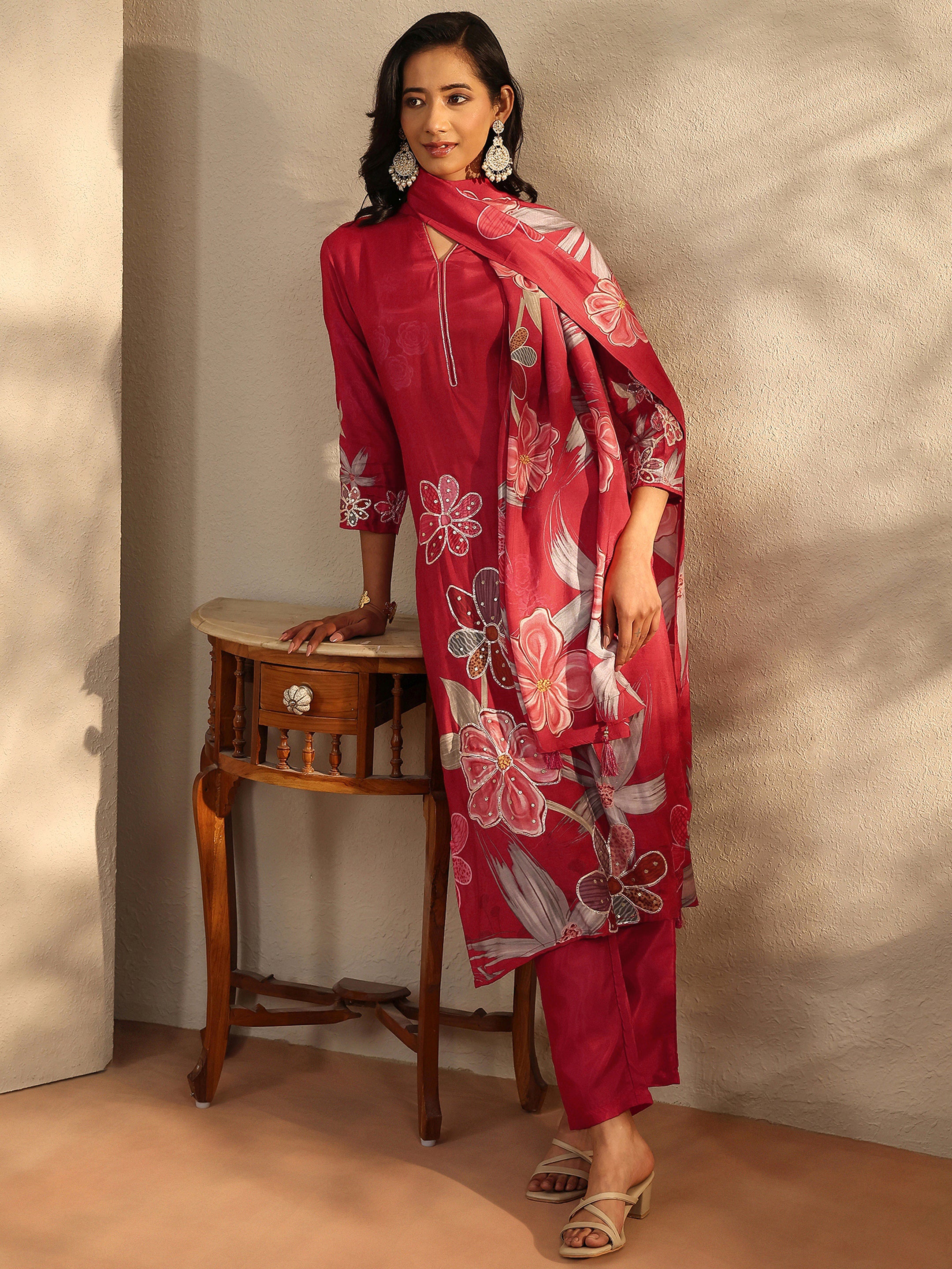 libas Red Printed Silk Blend Straight Suit Set With Dupatta-picture-58