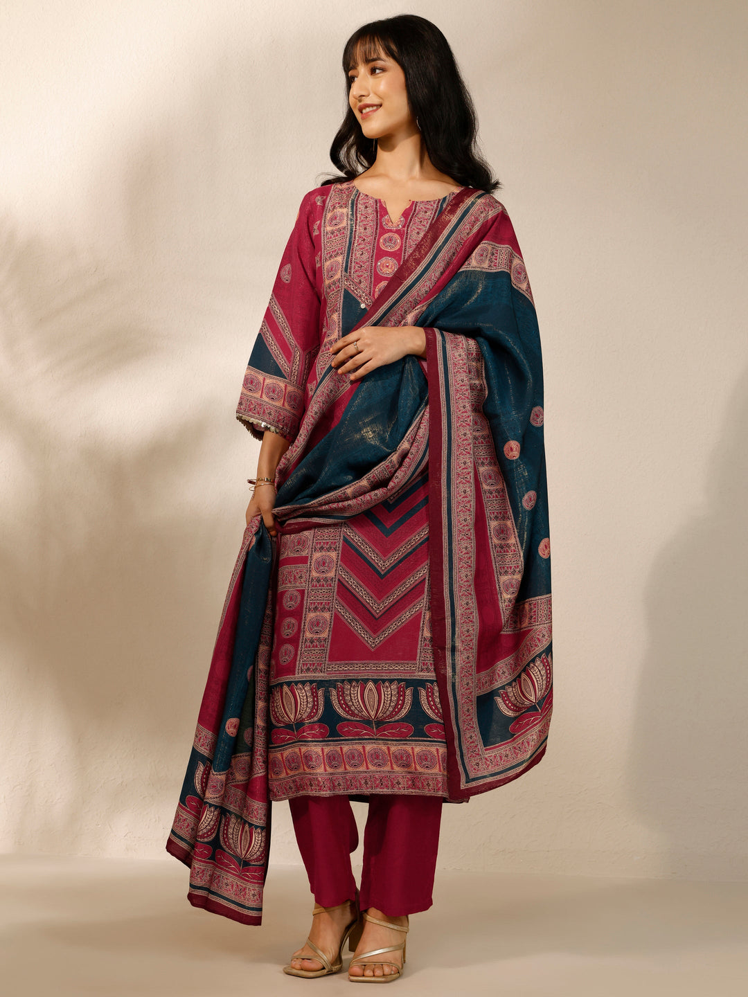 Red Printed Silk blend Straight Suit Set With Dupatta