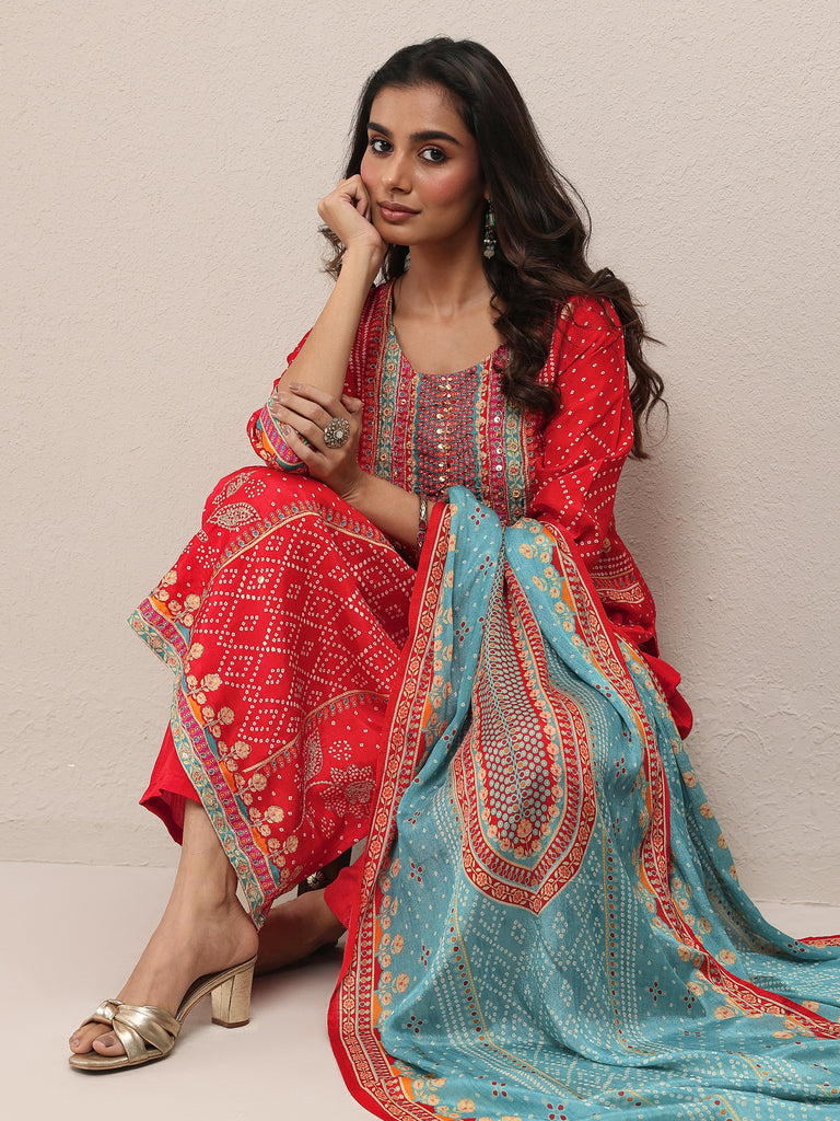 Libas Red Printed Silk Blend Straight Suit Set With Dupatta