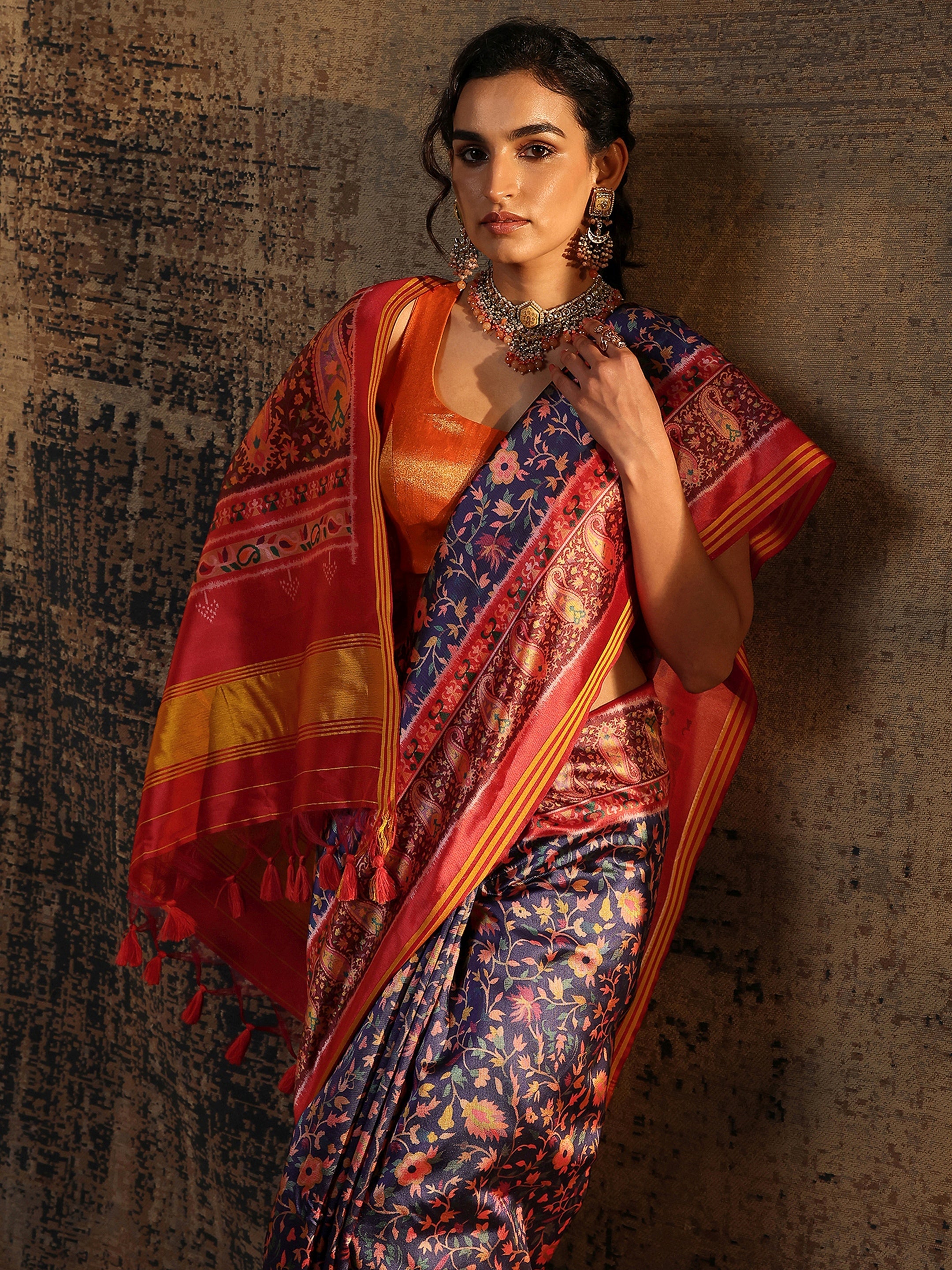 libas Red Printed Silk Saree With Unstitched Blouse Piece-picture-10