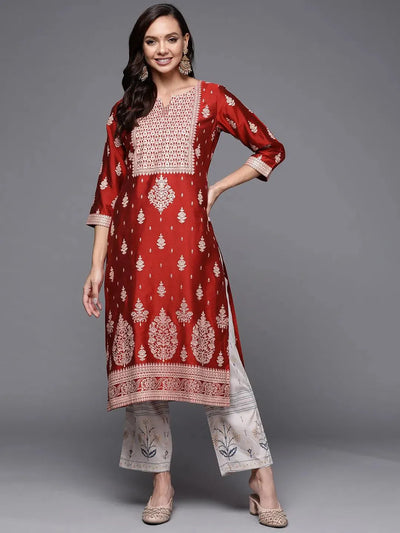 Red Printed Silk Straight Kurta - Libas